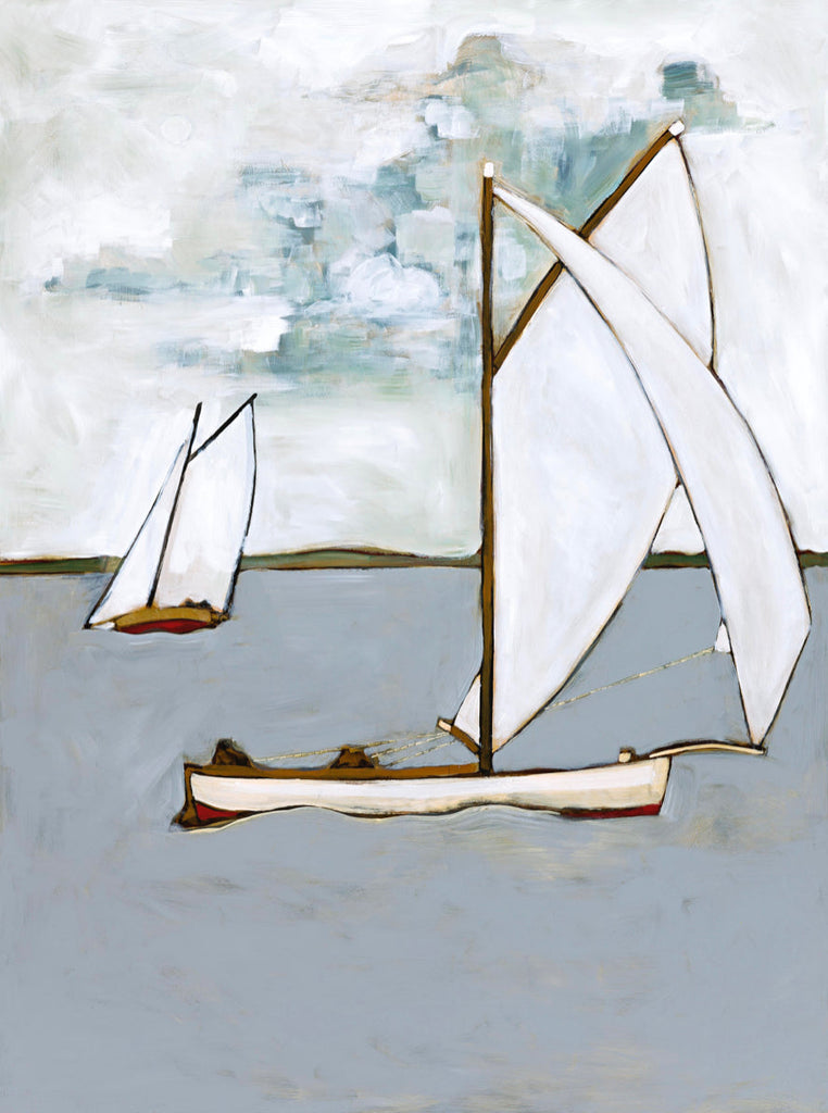 Capel Sound by John Baird. A painting of sailboats on a blue sea with soft grey, cloudy sky.