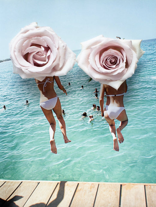 Catch Me If You Can by Dina Broadhurst - Collage artwork of two girls jumping off a beach pier. They have large collages roses as heads.
