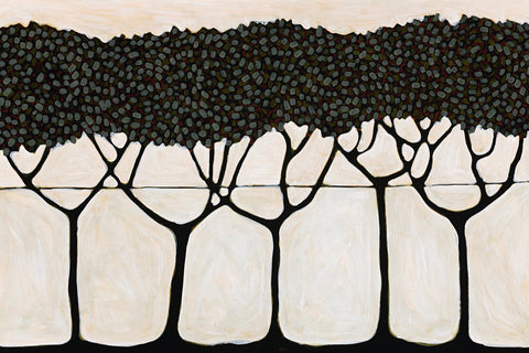 Coastal View by John Baird. A coastal-style of painting of a landscape with trees in greens and beige tones.