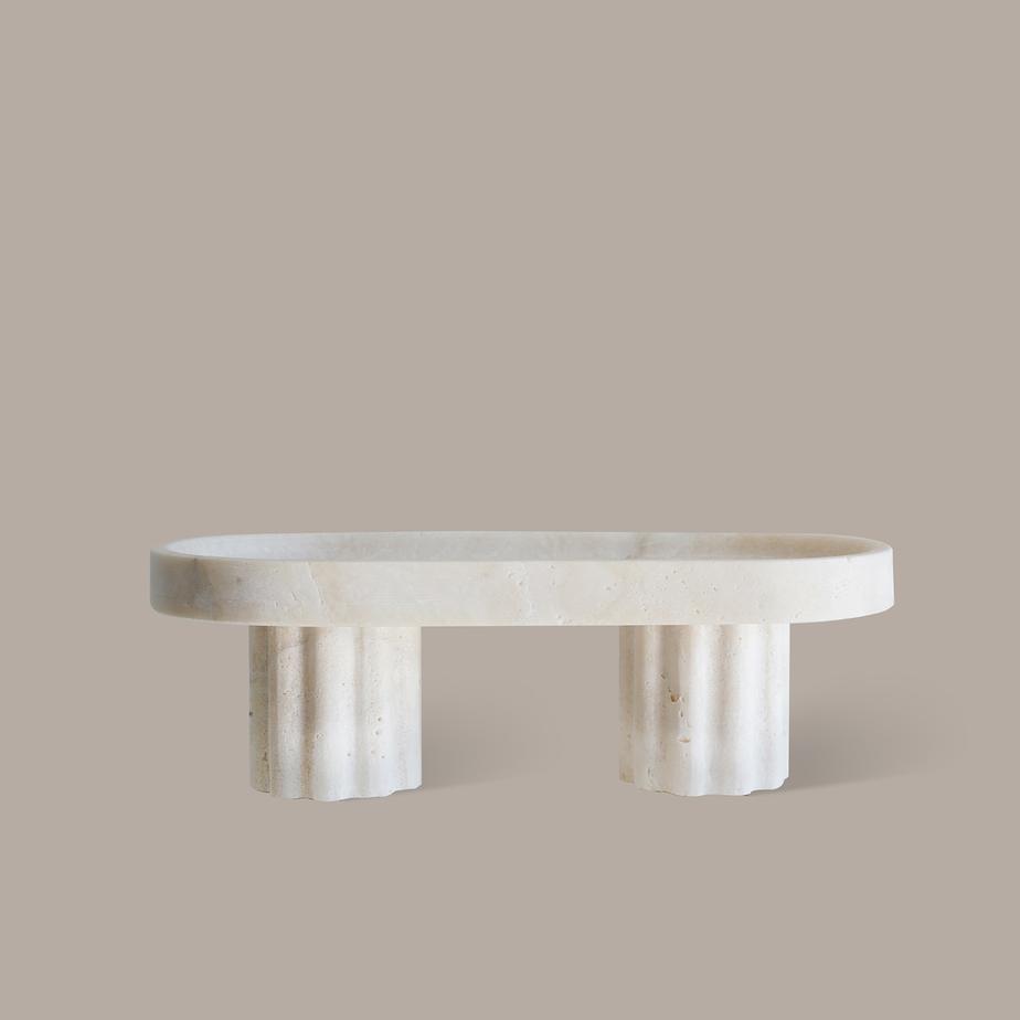 Column Tray - Oval by Black Blaze - An oval stone pedestal tray in a natural earthy colour. The two pedestal legs feature a ripple detail for a sculptural effect.