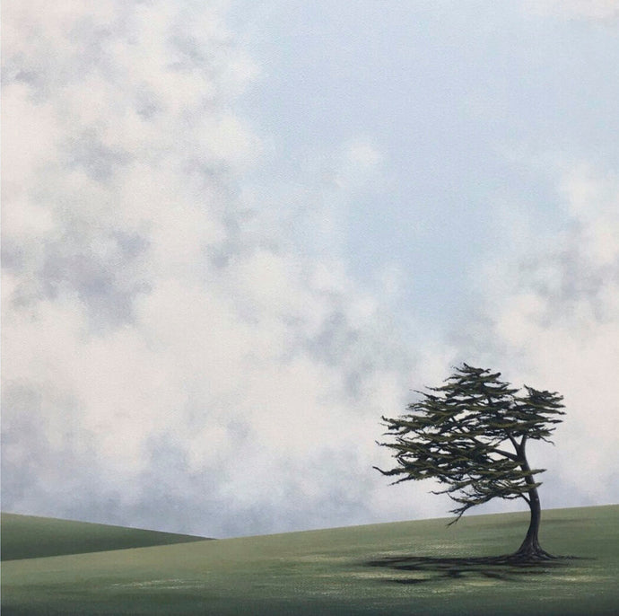 Content Survivor by Debbie Mackenzie - A rolling hillside landscape with a single tree standing in the foreground