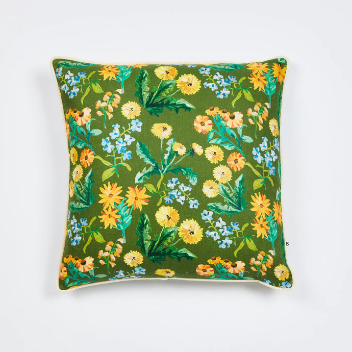 Dandy Cushion by Bonnie and Neil - A floral printed cushion with a dark green background and yellow imagery.