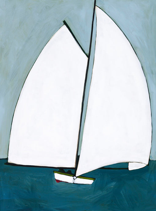 Downwind by John Baird. A painting of a close up yacht, sailing on a deep blue ocean.