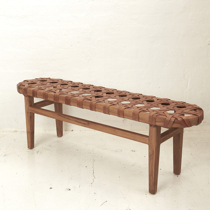 Ellery Woven Leather Bench Seat by INARTISAN - A dark brown woven bench seat.