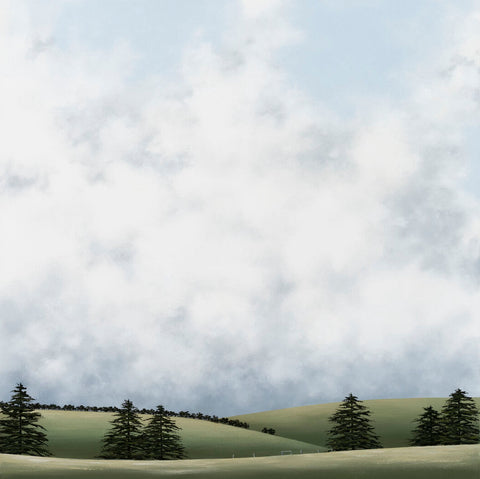 Fields of Peace by Debbie Mackenzie - Painted landscape in greys and greens a peaceful, cloudy sky and green fields at the base of the artwork