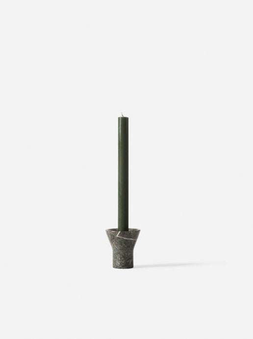 Flare Candle Holder Forest Green by Città - a green marbled candle holder with a green tall candle.