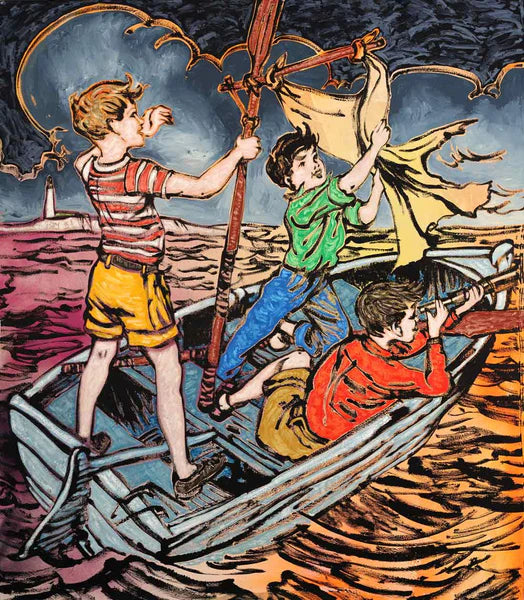 Fluro Boys in Boat by David Bromley - An art print of three young boys sailing in a boat at night.