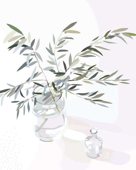 Foliage III by Kimmy Hogan - Digital print art with olive leave branches in jar of water with white background