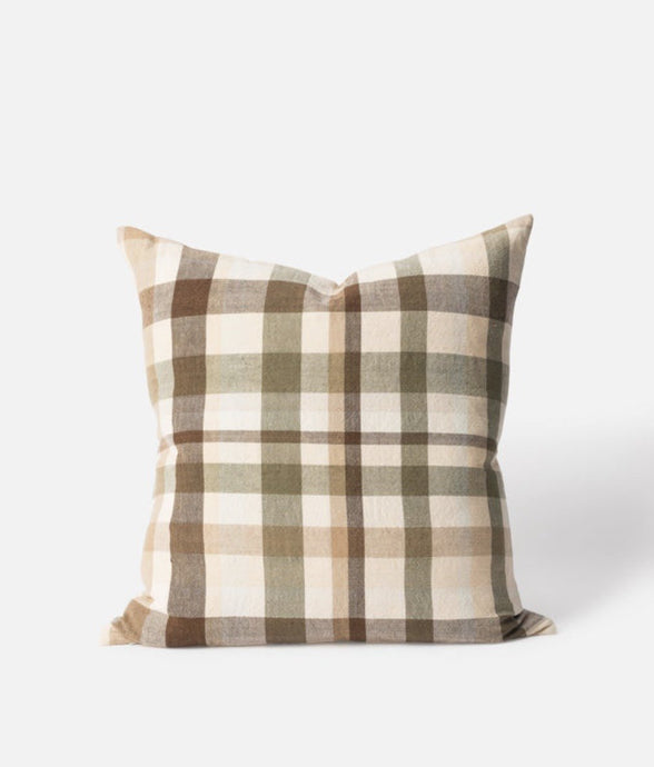 Frankie Woven Cushion by Città - Cream base with brown, chestnut and ivy green checkered linen cotton square cushion 