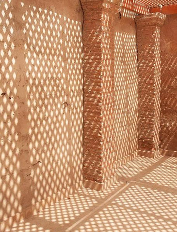 Marrakesh Light by FINEPRINT co - An abstract photograph of a dappled light on a traditional Morroccan building in rust tones.