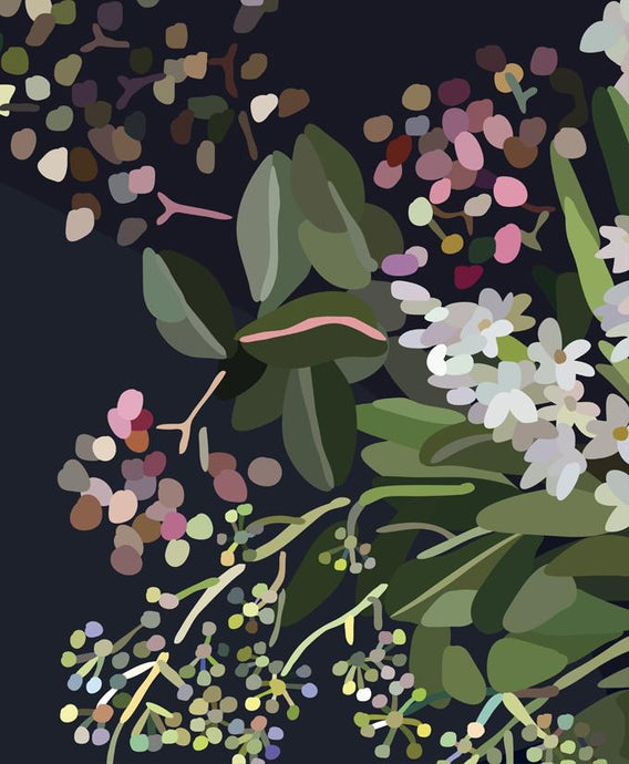 Gathered IV by Kimmy Hogan - Digital print artwork of foliage and pinky budded flowers