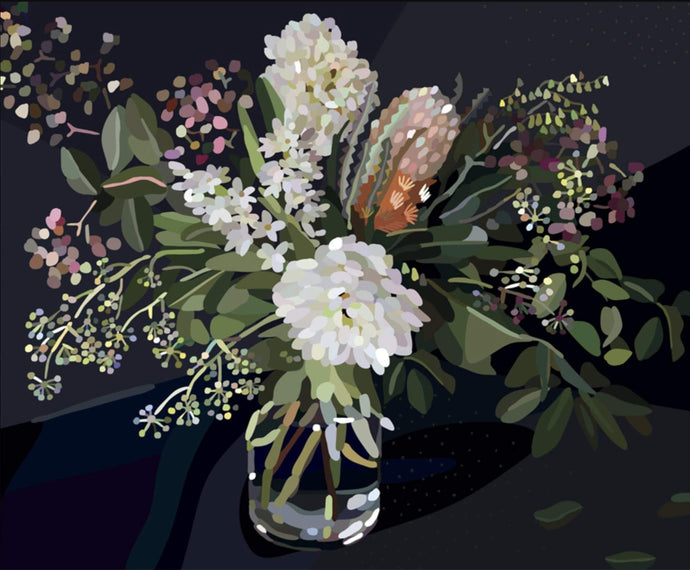 Gathered I by Kimmy Hogan - Digital print artwork of foliage and white, pink and banksia flowers