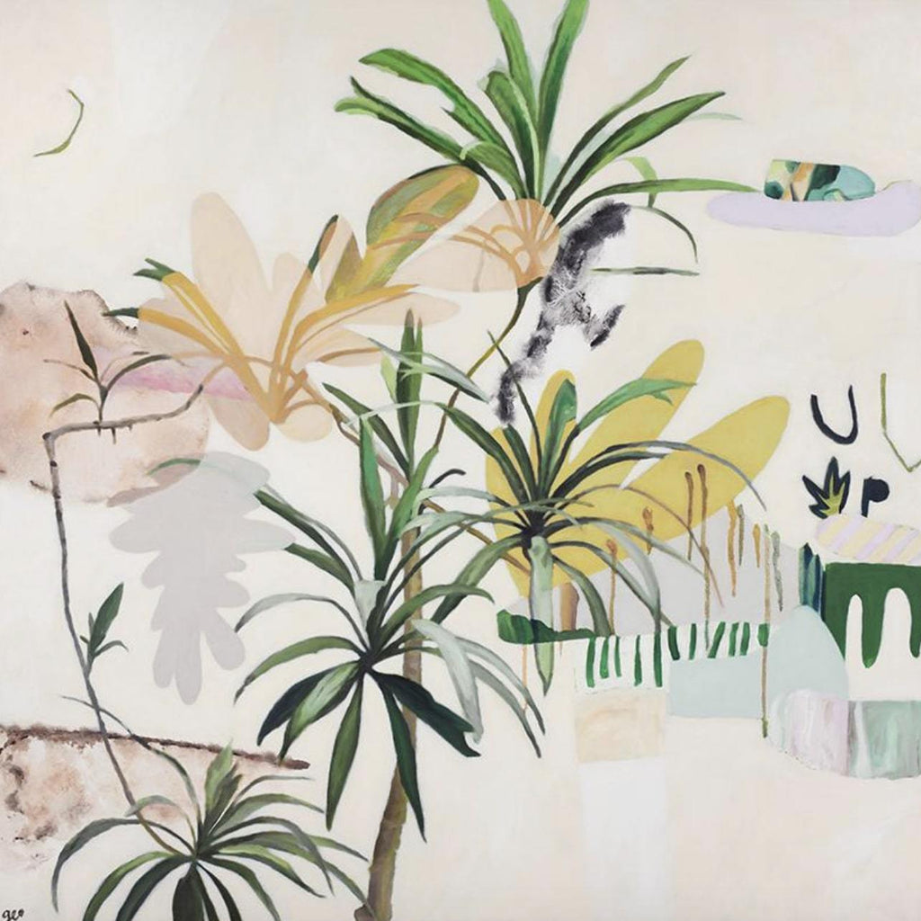 Go Your Own Way by Georgie Wilson - Abstract and realism combined leafy foliage and cream background and floating objects