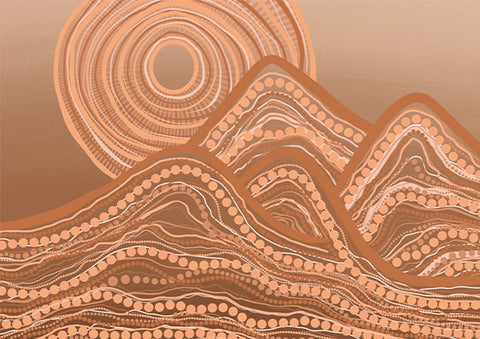 Golden Country Edition 1 Brown by Bunya Designs. Beautiful natural toned sandy, peach and ochre Australian indigenous art with lines and dots represending mountain formations of the Mayi country. 