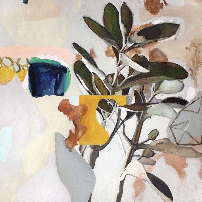 Golden Sands by Georgie Wilson - Abstract and realism combined leafy foliage mixed with yellow and blue objects