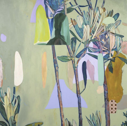 Good Things Happen Just Because by Georgie Wilson - Abstract and realism combined green background with banksia leaves and purple triangles