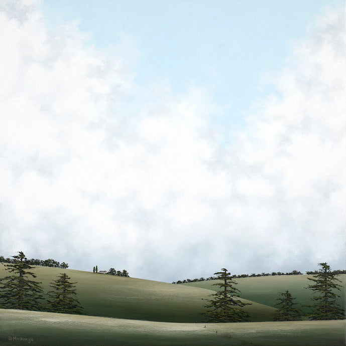 Gracious by Debbie Mackenzie - Painted landscape in greys and greens with hills, trees and a cloudy, peaceful sky