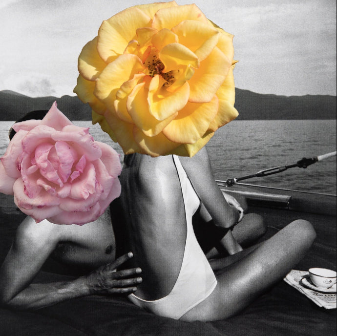 Holiday by Dina Broadhurst - A black and white photograph of a couple lounging on the beach with collages flowers overlaid, in true Dina Broadhurst style.
