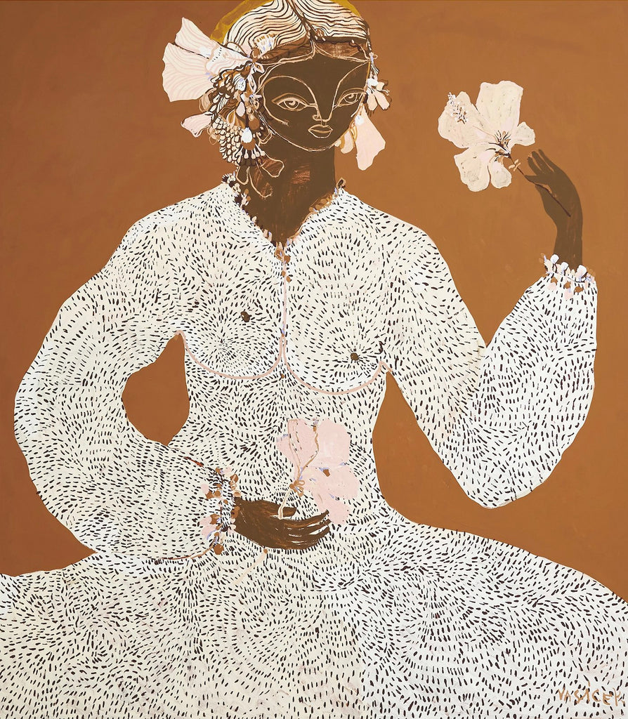 Isla by Jai Vasicek - Boho-inspired artwork of a figure with flowers in their hair in blush and rust tones.
