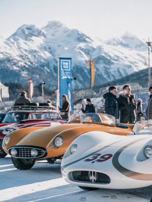 Italian Magic in the Swiss Alps - A photographic print of vintage European cars lined up in the Swiss Alps.