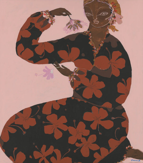 Jaya by Jai Vasicek - In warm brown, reds and pink tones, this dainty figure holds flowers in her hands