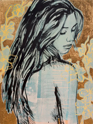 Jessica with Blossoms - An art print of a woman with blue and gold tones.