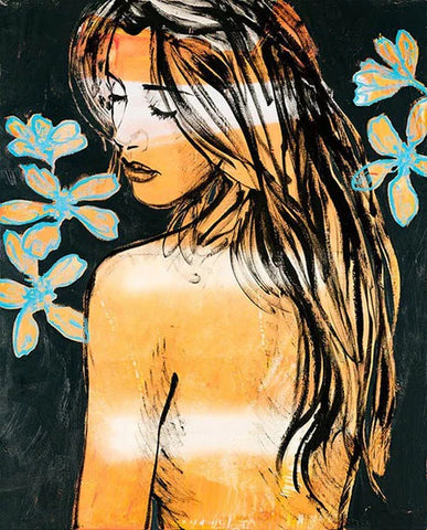 Jessica with Orange Flowers - An art print of a woman with flowers in orange and blue.