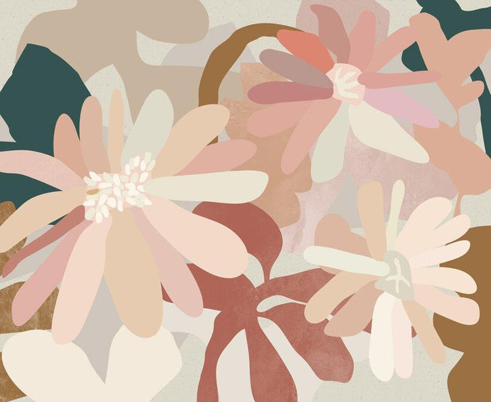 Flowerbed I by Kimmy Hogan - Pink, Cream and Peachy coloured daisies overlaid each other