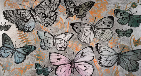 Kaleidescope by David Bromley - An art print of silver butterflies with gold detailing.