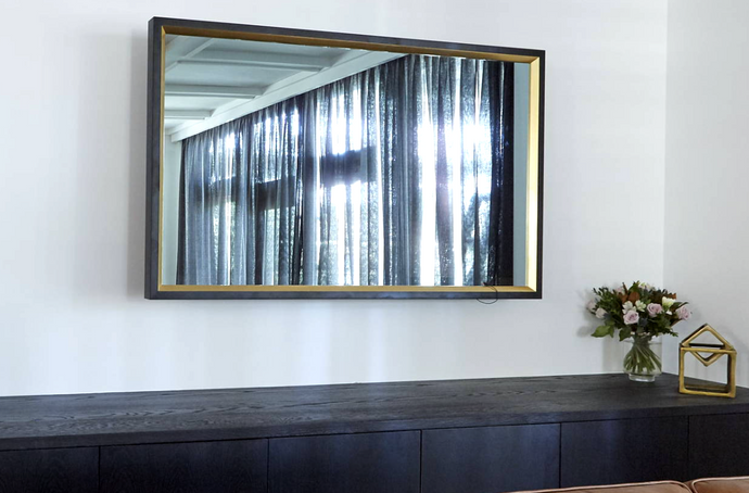 TV-Mirror with Black Frame and Gold inner detail by FRAMING TO A T - TV Mirror with Black outer frame and gold inner detail