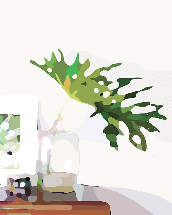 Still Life III by Kimmy Hogan - Digital print art of monstera leaf in jar