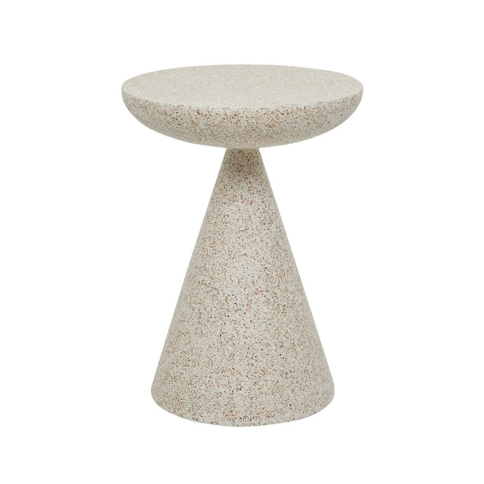 Livorno Luna Side Table Warm Sand by GlobeWest. Warm sand coloured side table with cylindrical cone base and curved table top