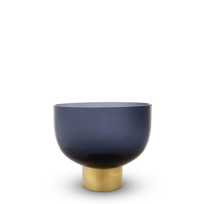 Luxor Glass Vase, Indigo Blue (L) by Marmoset Found - A sculptural, rounded glass vase in blue, with contrasting brass base.