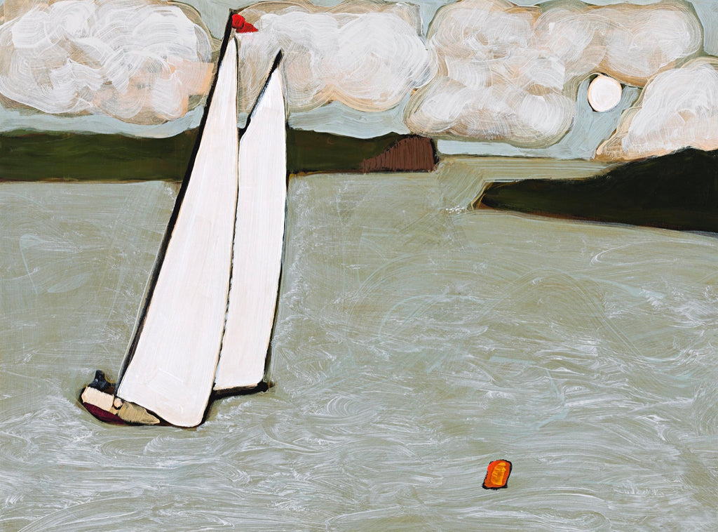 Moon and Rip by John Baird. A painting of a yacht, sailing on a calm, green sea with the moon in the sky.