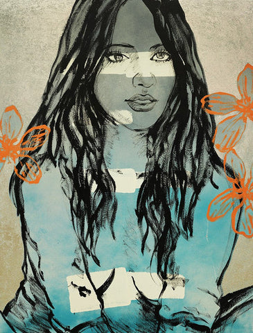 Nude with Flowers by David Bromley - An art print of a woman with blue and orange tones.