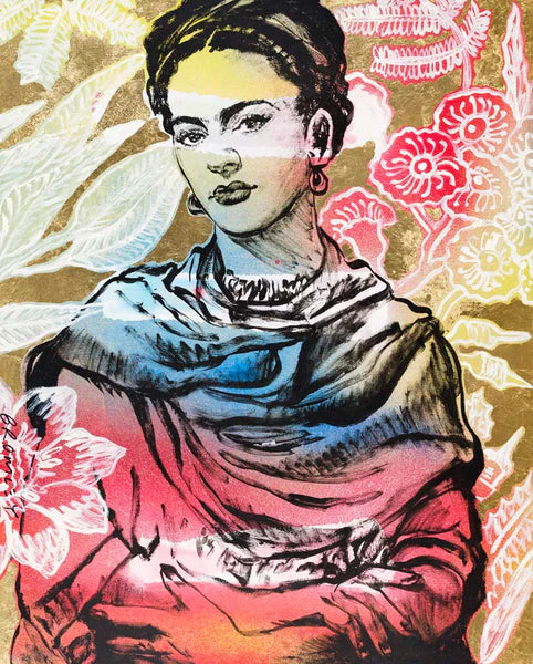 Rainbow Frida by David Bromley - An art print of Frida Kahlo in pink and blue with gold detailing.