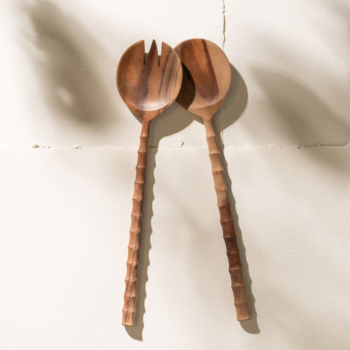 Recycled Sapodilla Wood Servers by INARTISAN - A wooden pair of earthy, patterned salad servers.