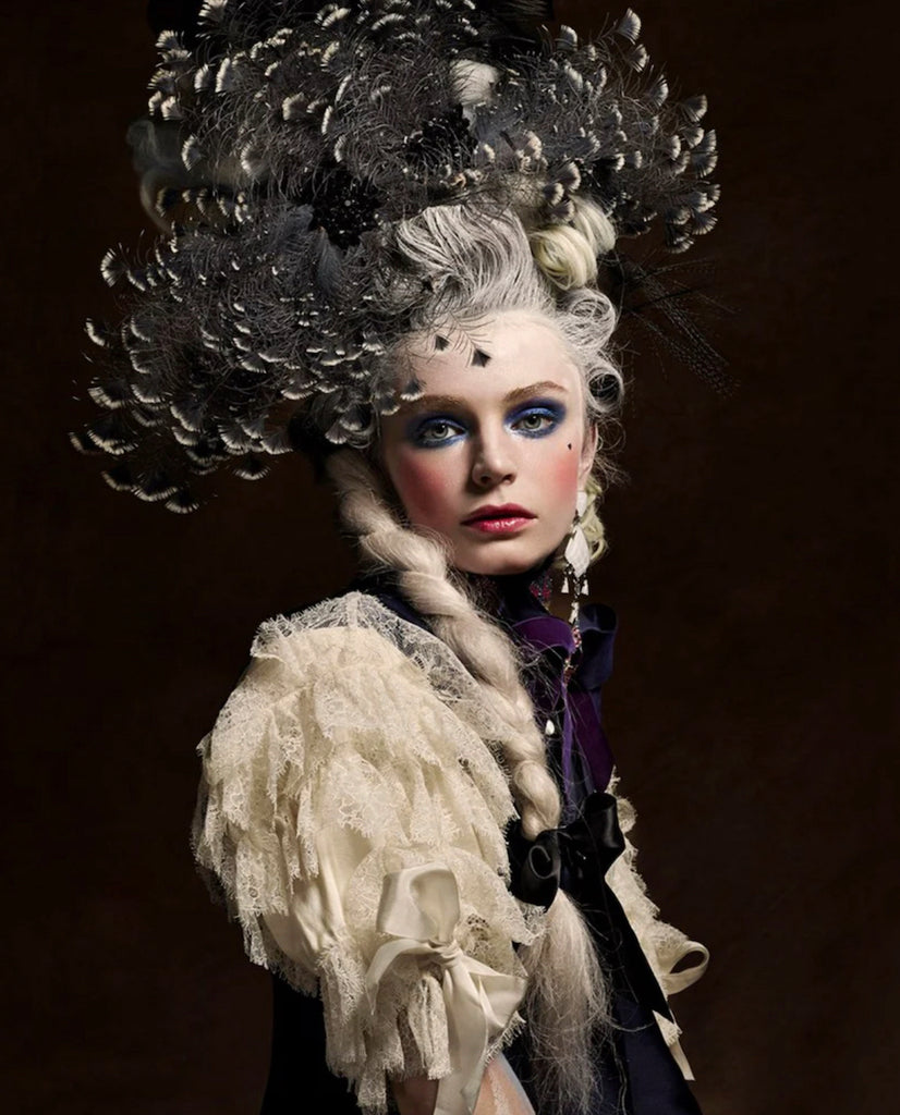 Renaissance 3 by Vincent Alvarez | FRAMING TO A T - A dramatic renaissance-style fashion photographic print with peacock feathers, lace & bows, perfect for monochrome interiors.