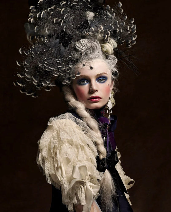 Renaissance 3 by Vincent Alvarez | FRAMING TO A T - A dramatic renaissance-style fashion photographic print with peacock feathers, lace & bows, perfect for monochrome interiors.