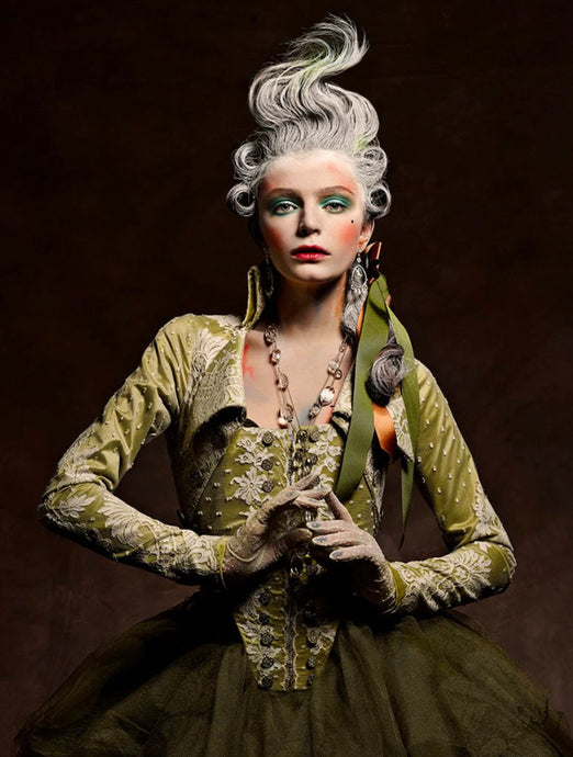Renaissance 8 by Vincent Alvarez | FRAMING TO A T - A fashion photograph of a Marie-Antionette-like model wearing a green bodice and skirt with renaissance-styled hair and make up. A striking image to decorate bold interiors with.