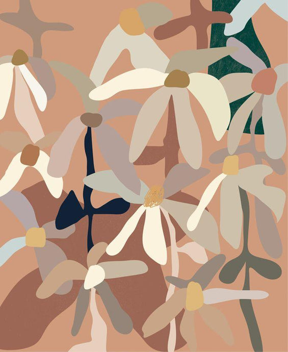 Splendour by Kimmy Hogan - Peachy clay coloured background with light green and neutral flowers