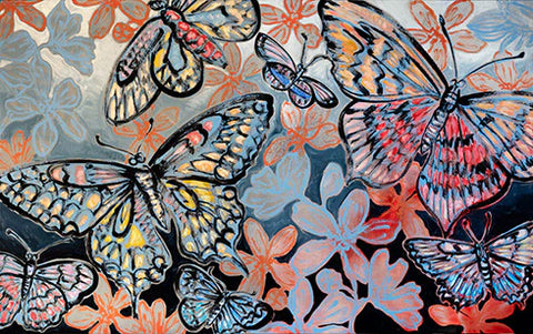 Spring by David Bromley - An art print with many blue and orange butterflies with a blue background.