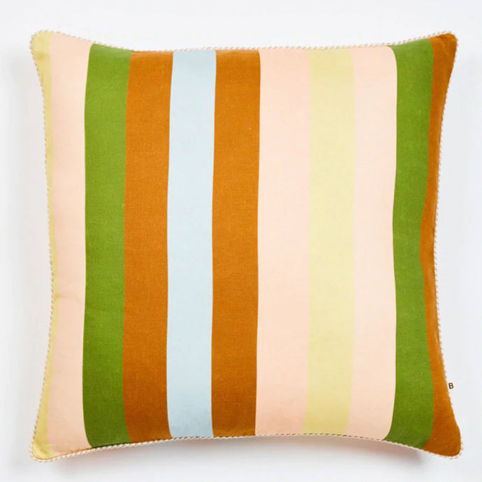 Stripe Pastel 60cm Cushion by Bonnie and Neil - A cushion with randomly ordered colourful pastel stripes, including pink, brown, green, blue and yellow.