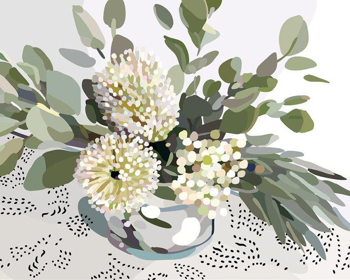 Summer II by Kimmy Hogan - Eucalyptus green foliage with white flowers in jar with white tablecloth