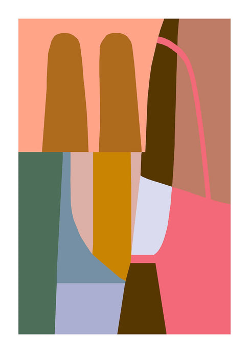 Too Far Away by Philippa Riddiford - Abstract shapes in a bright, yet earthy colour palette of brown, green and pink