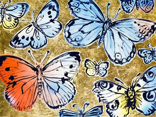 Take Flight by David Bromley - An art print with many blue and orange butterflies with a gold background.