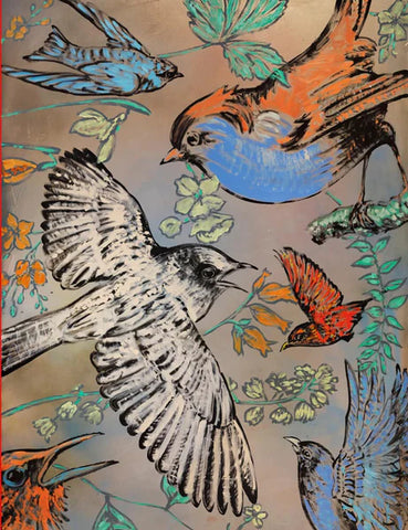 Taking Flight 1 by David Bromley - An art print of birds and flowers in orange, blue and white.