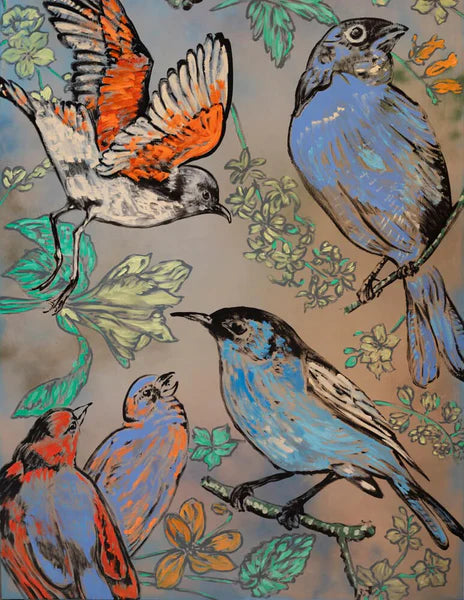Taking Flight 2 by David Bromley - An art print of birds and flowers in orange, blue and white.