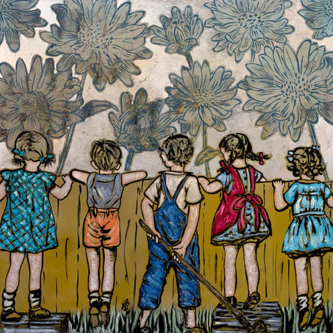 The Imaginary Garden by David Bromley - An art print of five young children looking over a fence.