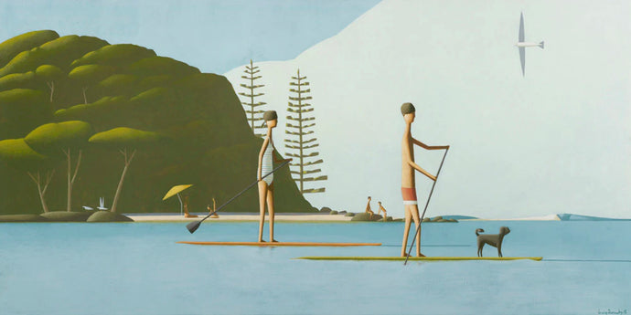 The Paddle Boarders by Craig Parnaby - An artwork of two people and their dog paddle boarding in a lake, with mountain scenery in the background.